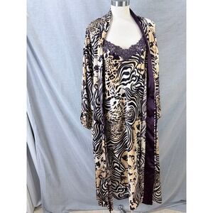 Natori Women Mixed Animal Print Satin Chemise and Long Robe Set Purple Gold M